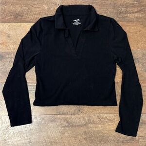 Sugarkiss Black Long Sleeve Vneck Collared Women's Shirt